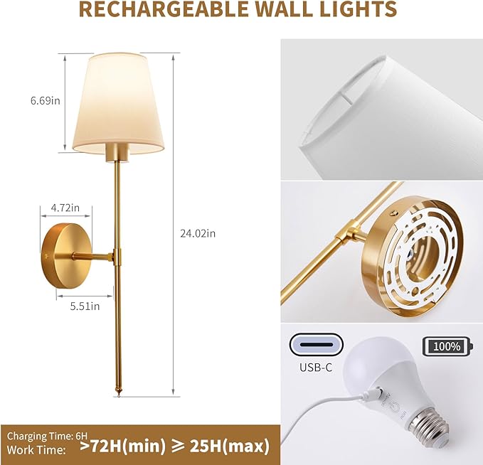 Battery Operated Wall Sconce Set of 2, Cordless Wall Lamps