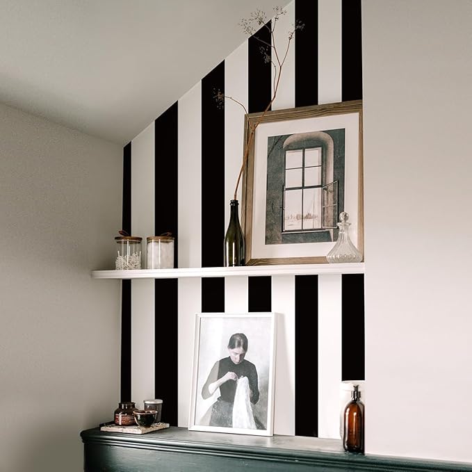Jeweluck Black and White Wallpaper Peel and Stick Wall Paper 17.7”x393.7” Black