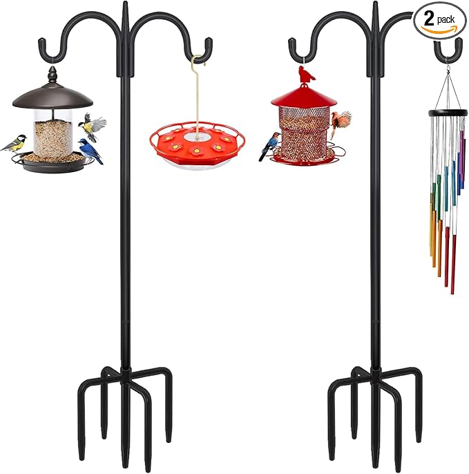 FEED GARDEN Heavy Duty Shepherds Hook 2 Pack 63" Double Hooks Adjustable (47/63") - Metal 5-Prong Base, 12lb Capacity - Easy Assembly Bird Feeder Pole for Hanging Planters, Lanterns, Wind Chimes