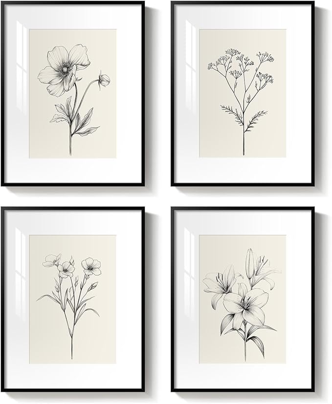 Framed Black and White Botanical Wall Art, Farmhouse Rustic Flower Artwork