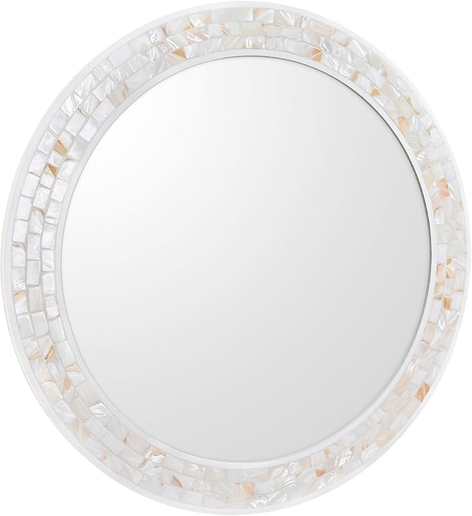 Mosaic Mirrors for Wall 30 Inch, Natural Mother of Pearl Inlay White Framed