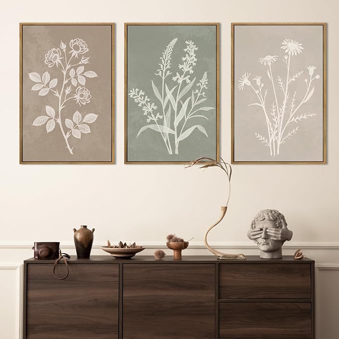 Anyzal Large Framed Boho Botanical Wall Art 16x24 Inch Neutral Plant Canvas Wall Decor Minimalist Floral Farmhouse Painting for Living Room Bedroom Dining Room Set of 3
