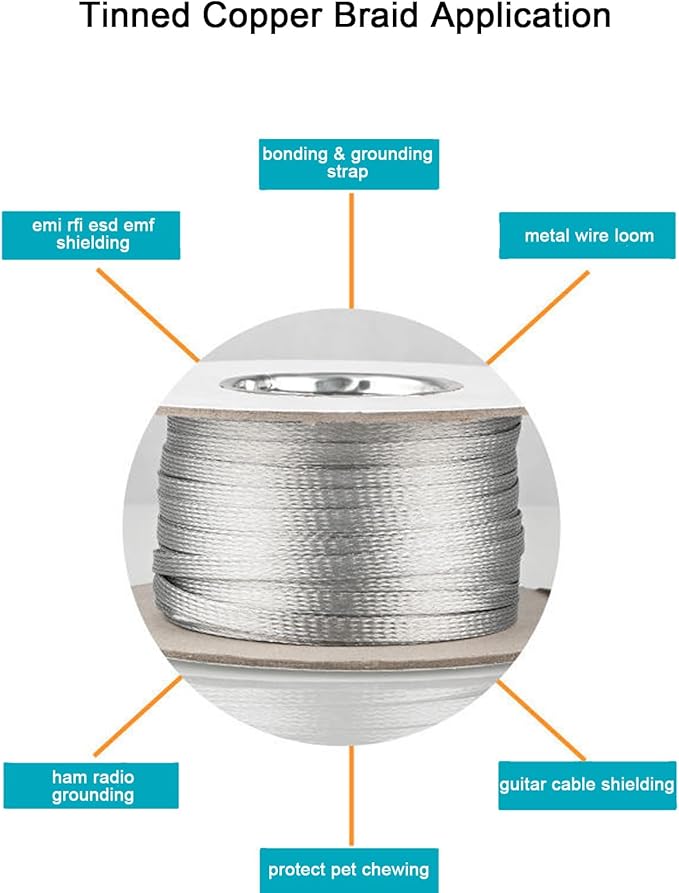 Tinned Copper Braided Cable Shielding Sleeve Metal Wire Loom Sheathing EMI RFI ESD Protector Grounding Mesh Flat Tubular Expandable 3/8" W(0.24" ID)-16FT