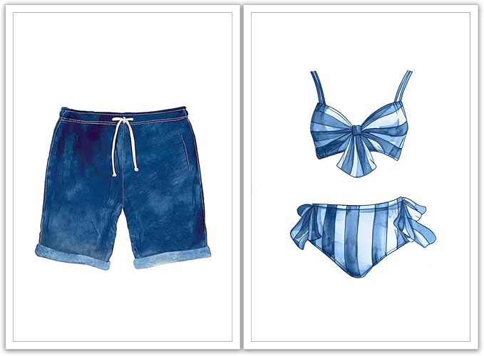 Liyark Set of 2 Retro Navy Blue And White Swimsuit Art Posters Beach Bathing