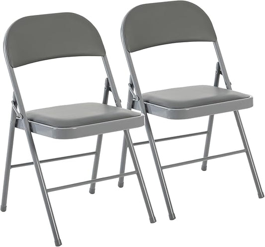 DUMOS 2 Pack Folding Chairs with Padded Cushion and Back - PU Leather Stackable Portable Dining Chairs Set, for Home and Office, Conference, Wedding, Party, Patio, Garden, for Indoor Outdoor, Grey