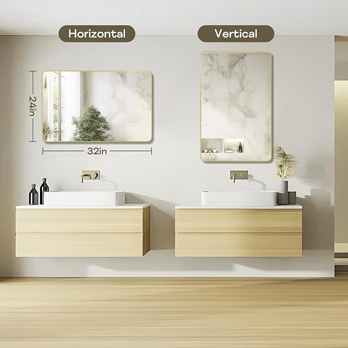 Gold Framed Bathroom Mirror, Brushed Gold Bathroom Vanity Wall Mirror, Rounded