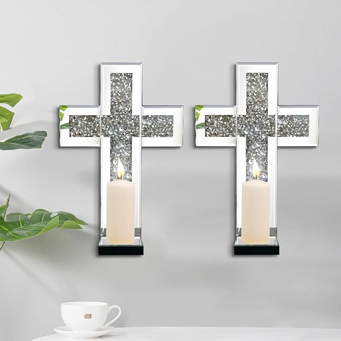 Aeveco Crystal Crush Diamond Mirrored Candle Sconces, Wall Decoration