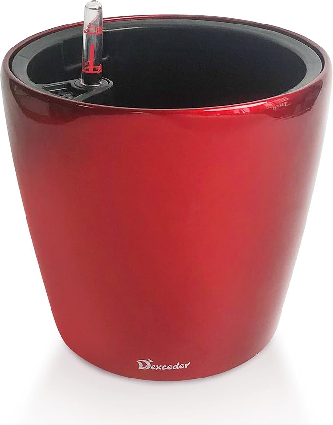 Dexceder 9x8 Inches High Gloss Self Watering Planter Indoor Outdoor, Inner Pot Design, Thickened Table Flower Plant Pot with Water Level Indicator (Red)