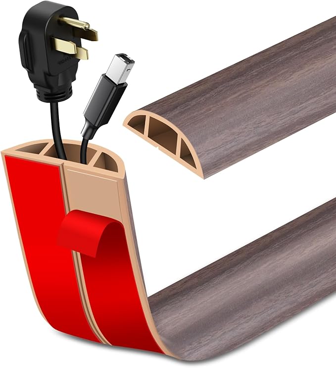 Floor Cord Cover Self Adhesive Cord Hider Floor Extension Cord Covers for Floor Power Cord Protector Cable Management Prevent Cable Trips Cable Cavity 0.47" W x 0.27" H (Brown Walnut Wood, 20Ft)