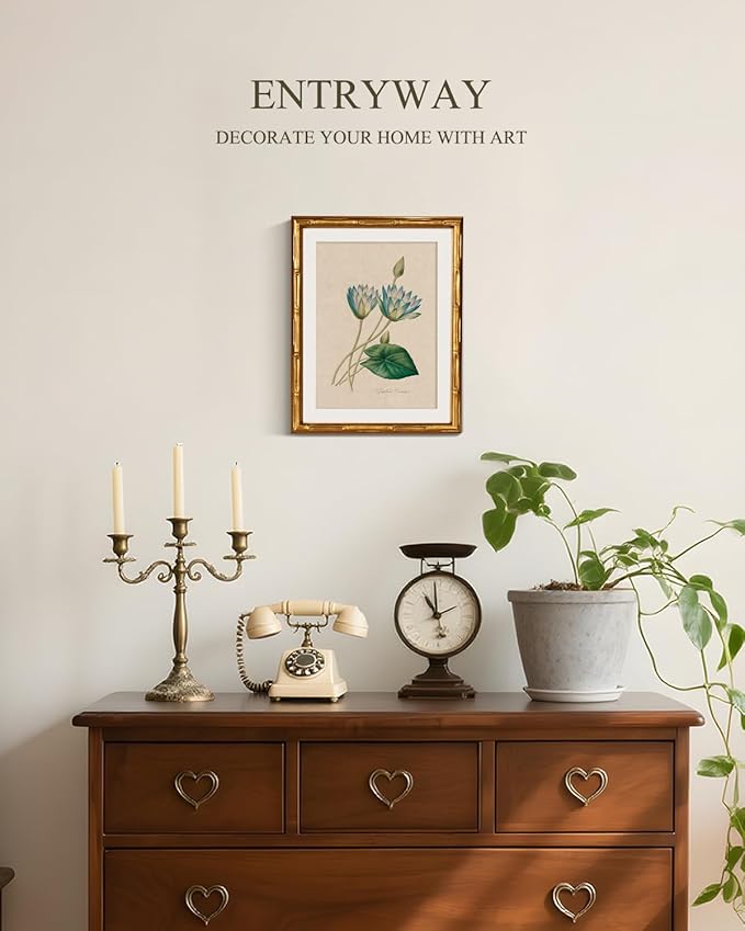 InSimSea Gold Bamboo Framed Canvas Wall Art, Retro Blue Lotus Botanical Prints