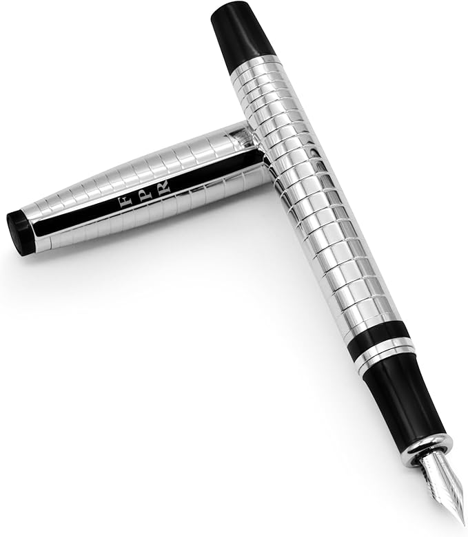 FPR Ambassador Ultra Flex Nib Fountain Pen Set, Chiseled Chrome - Refillable Pen w/Cartridges & Converter - Calligraphy Pens for Writing, Journaling & Gifting - Luxury Pens For Smooth Strokes
