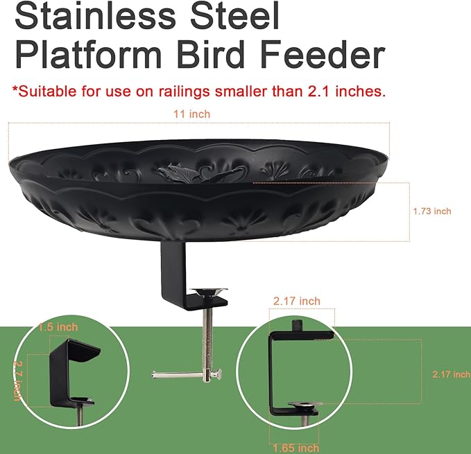 Deck Railing Bird Feeder Tray,Metal 11" Platform Bird Feeders Mesh Seed Tray for Outside/Balcony (Black-1pack)