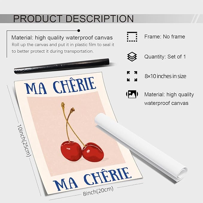 jkahh Funky Cherry Wall Art Vintage Red Blue Aesthetic Poster Trendy Ma Cherie