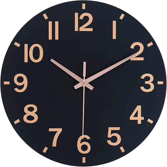 HZDHCLH Wall Clock 10 Inch Silent Non Ticking Wood Battery Operated Black