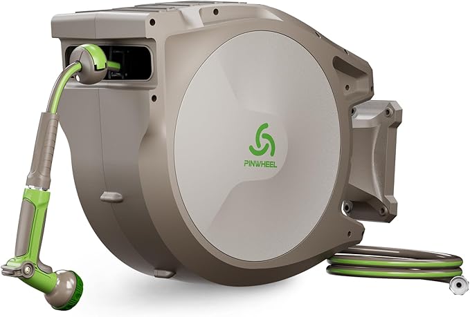 PINWHEEL 5/8in 100FT Retractable Garden Hose Reel, Automatic Retractable Hose with 10-Pattern Spray Nozzle, 180Â° Swivel Bracket, 3-Layer PVC Durable Water Hose for Yard Lawn Care (100 FT)