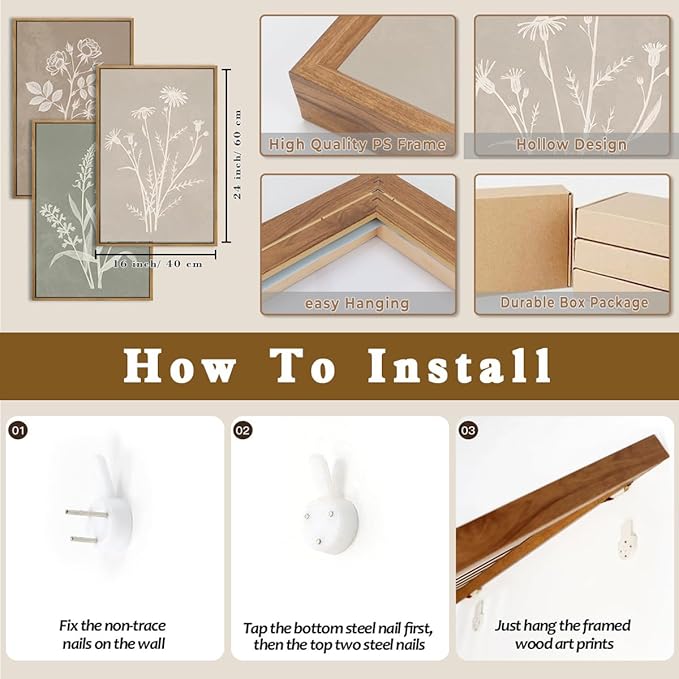 Anyzal Large Framed Boho Botanical Wall Art 16x24 Inch Neutral Plant Canvas Wall Decor Minimalist Floral Farmhouse Painting for Living Room Bedroom Dining Room Set of 3