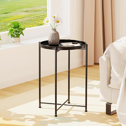 Garden 4 you Small Side Table, Mini Round End Table, Tray Table with Metal Frame, Modern Nightstand for Living Room, Bedroom, Patio, Small Space, Black
