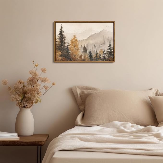 OIQArtOIQ Vintage Framed Wall Art Autumn Mountain Landscape Canvas Art Prints