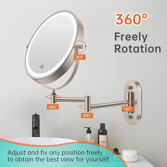 5000mAh Rechargeable Wall Mounted Lighted Makeup Vanity Mirror, Double Sided 1X