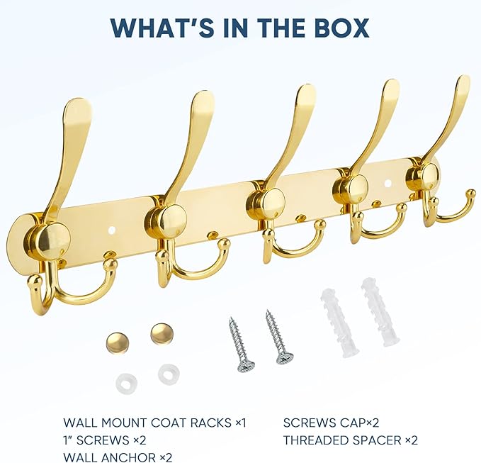 TICONN Wall Mounted Coat Rack, Five Heavy Duty Tri Hooks All Metal Construction