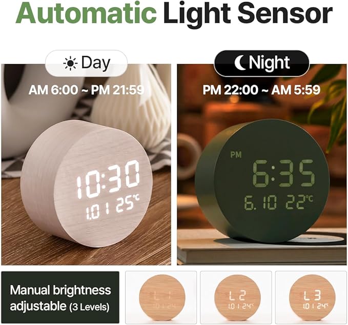 FLT Moonfall Wood Interior LED Desk Clock-White (Designed in Korea)- Time, Date, Temperature Display, Customizable Alarms, Auto Brightness, Compact 3.46-Inch Size, USB Cable & Adapter Included