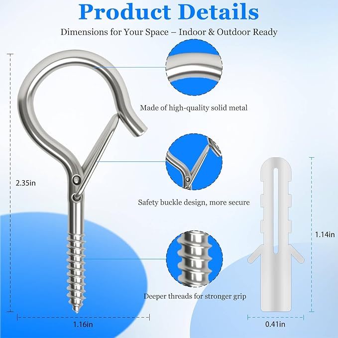 36 Pack Silver Screw Hooks with Safety Buckle - 2.3 Inch Rustproof Eye Ceiling Hooks for Hanging Plants,Outdoor String Lights,Baskets,Christmas Lights & Decor,40lb Capacity (36, Silver)