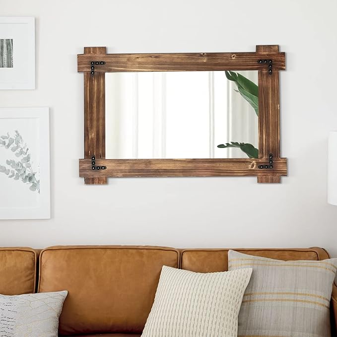 MeMoreCool Large Rustic Wood Framed Wall Mirror, 40x28 Farmhouse Decorative