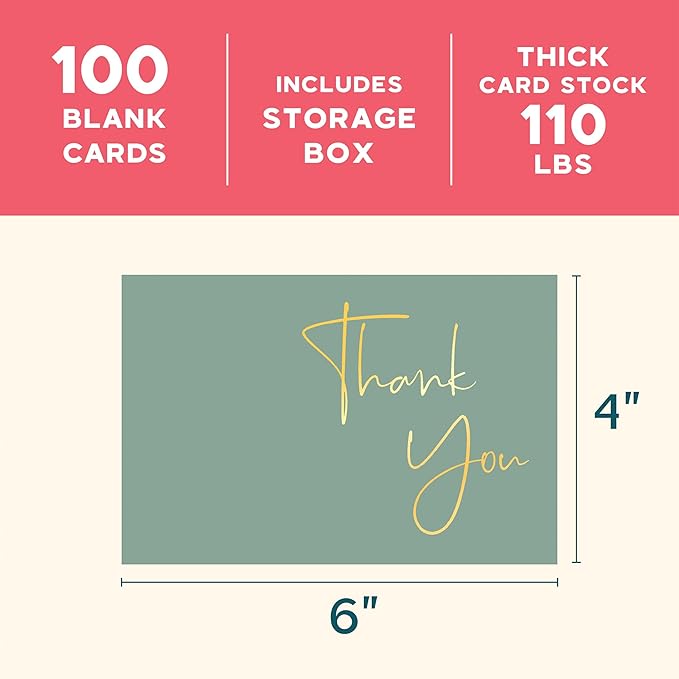 VNS Creations Gold Foil Thank You Cards With Envelopes Bulk Set & Stickers - 100 Pack 4x6 Blank Thank You Notes - Large Note Card Small Business, Wedding, Baby Shower & Bridal Shower - Granite Green