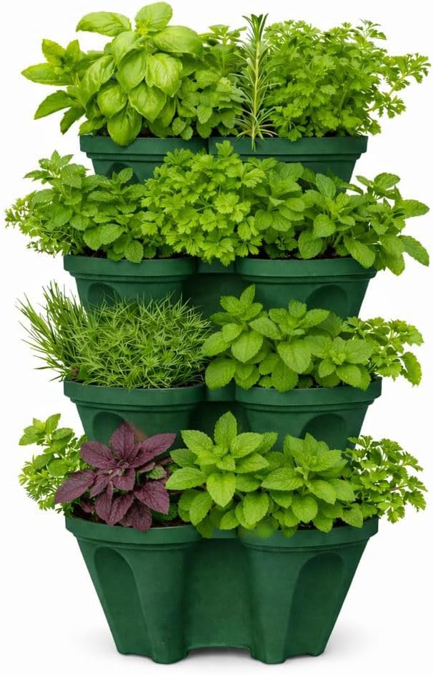 Large Vertical Planter Tower â 4 Tier Stackable Garden Planter, 28 Plant Sites, Commercial Grade Strawberry Planter, Heavy Duty Vertical Growing System with Center Support Hole (Deep Forest, Large)