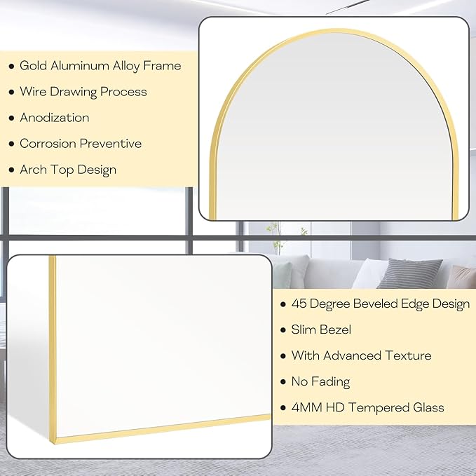22" x 30" Gold Arched Mirror, Arch Bathroom Vanity Wall Mirror, Modern Aluminum