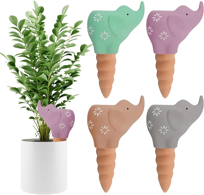 Kalolary 4Pcs Plant Watering Globes, Elephant Shape Self Watering Spikes Terracotta Drip Water Stakes Irrigation Watering Bulbs for Pot, Indoor, Outdoor, Vacation