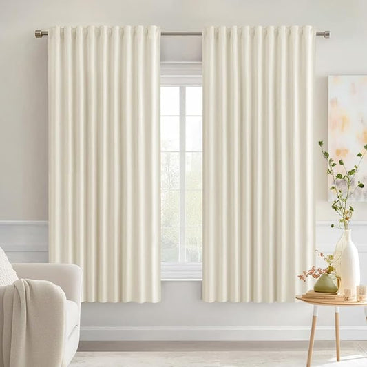 MIULEE Beige White Back Tab Blackout Curtains 63 Inch Length 2 Panels Set