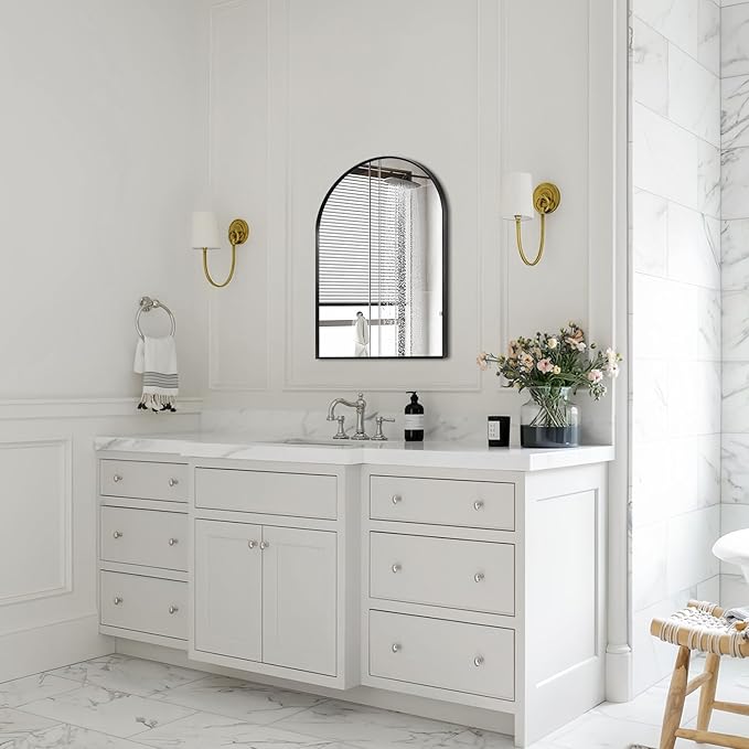 16" x 20" Black Arched Mirror, Arch Bathroom Wall Mirror, Metal Frame Arched