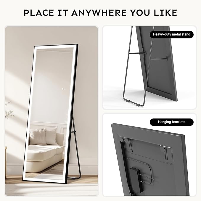 Kosmonia 71x24 Full Length Mirror, Dimmable 3 Color LED Light w/Light Memory