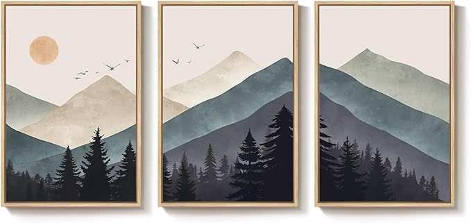 Cuspin Boho Framed Mountain Forest Landscape Wall Art, 3 Piece Bohemian Canvas Prints, Modern Nature Wall Art for Living Room, 3 Count, 16x24 Inch