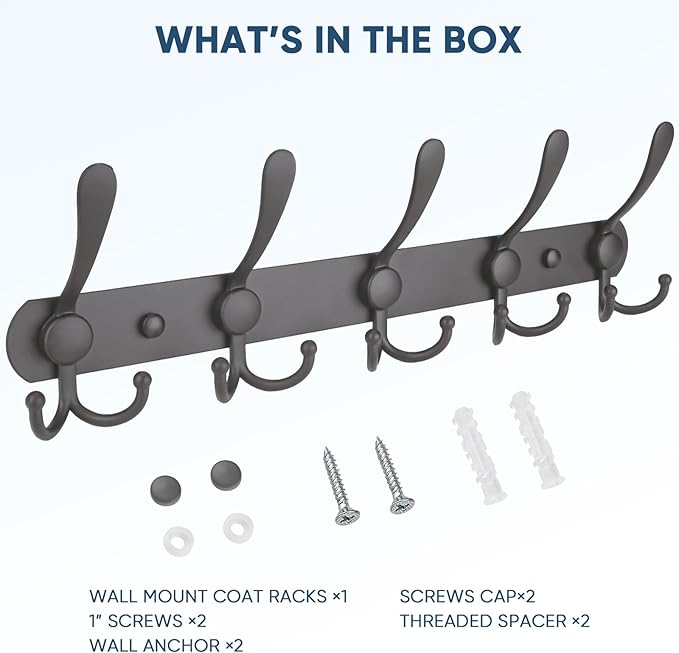 TICONN Wall Mounted Coat Rack, Five Heavy Duty Tri Hooks All Metal Construction