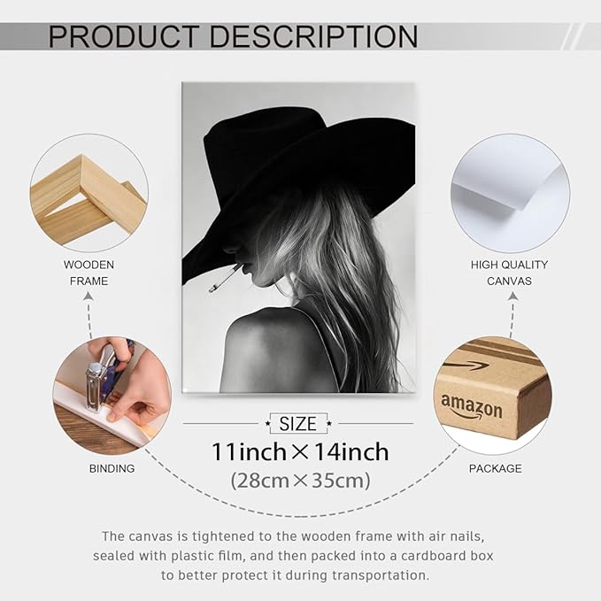 FuSatisYilife Trendy Black And White Framed Wall Art Cool Western Woman Smoking