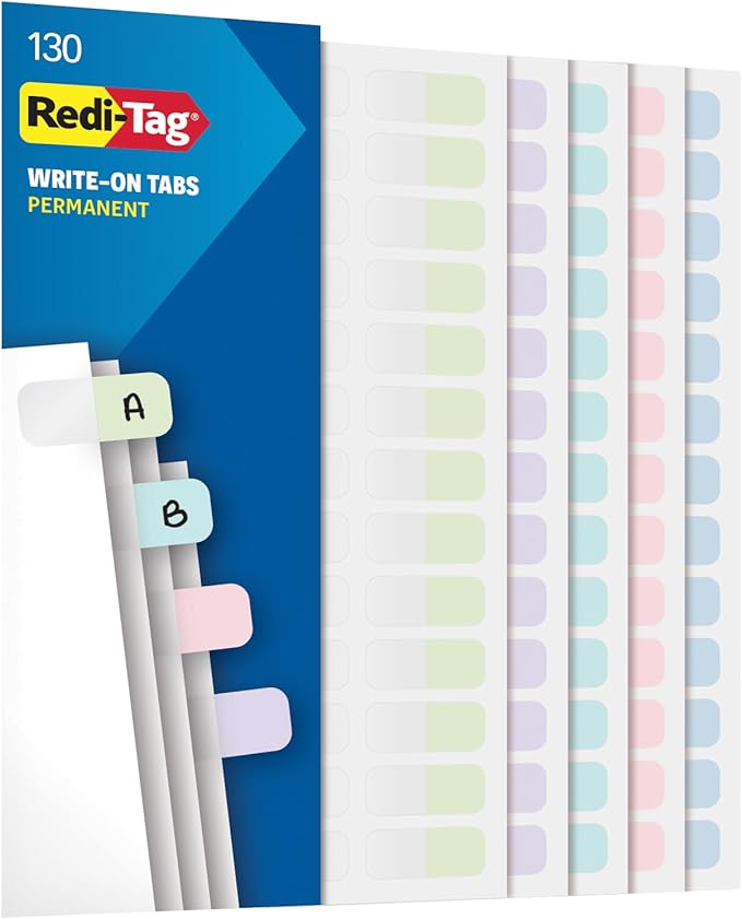 Redi-Tag Write-On Tabs, Permanent Adhesive Index Tabs, Assorted Pastel Colors: Pink, Purple, Blue, Teal, Green, 1" x 7/16", 130 Pack (1009306)