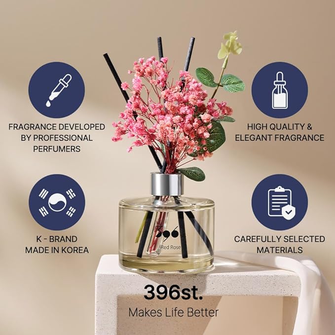 396 st. Preserved Baby's Breath Flower Reed Diffuser, Red Rose, 200ml(6.7oz) / Reed Diffuser Sets, Home Fragrance, Scented Oils, Home & Bathroom Décor