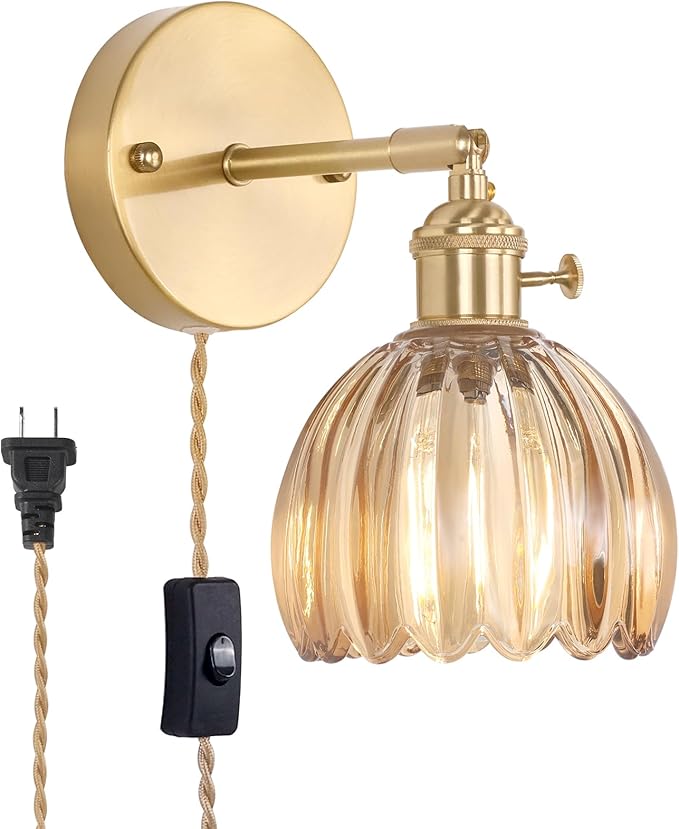Shenmoyl Plug in Wall Sconce, Amber Tulip Glass Lampshade Wall Light Plugin