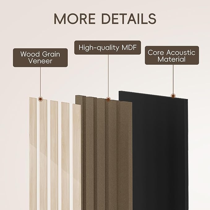 EVERECO 6 Pack Wood Slat Acoustic Wall Panels 92.5" × 7.87", 3D Sound Absorbing