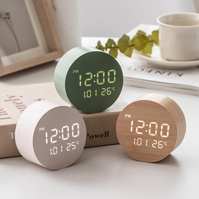 FLT Moonfall Wood Interior LED Desk Clock-Khaki (Designed in Korea)- Time, Date, Temperature Display, Customizable Alarms, Auto Brightness, Compact 3.46-Inch Size, USB Cable & Adapter Included