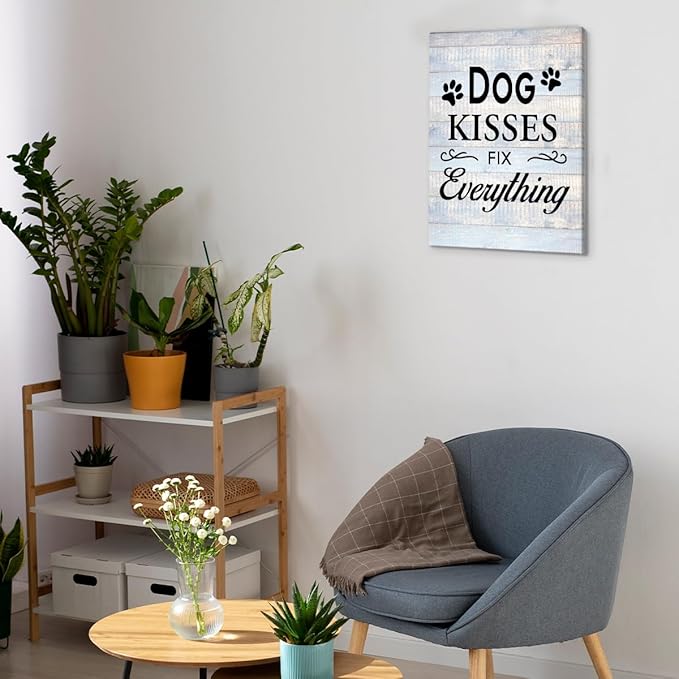 Funny Farmhouse Dog Canvas Wall Art Decor Dog Kisses Fix Everything Rustic Sign