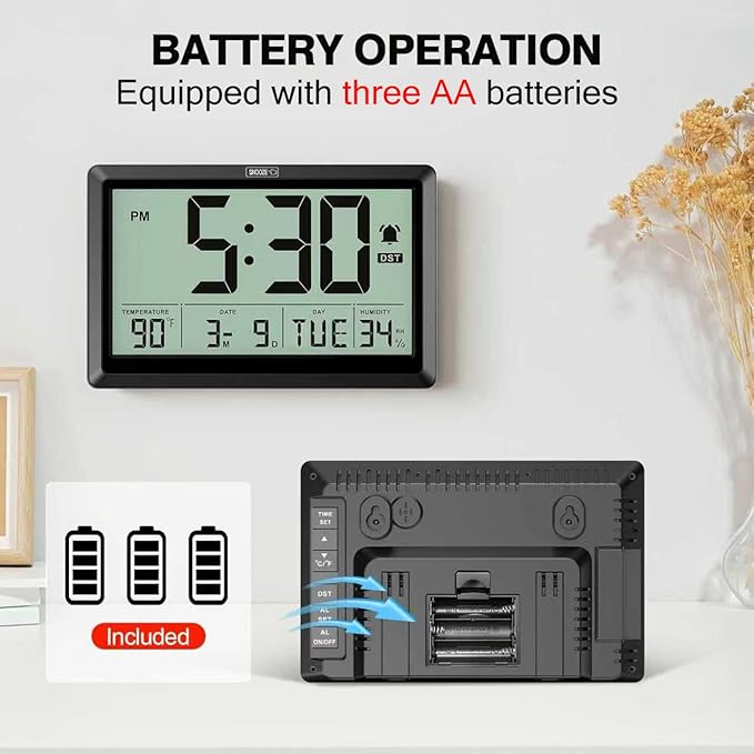 XREXS 10.4 Inch Digital Wall Clock, Battery Operated Large Display Clock