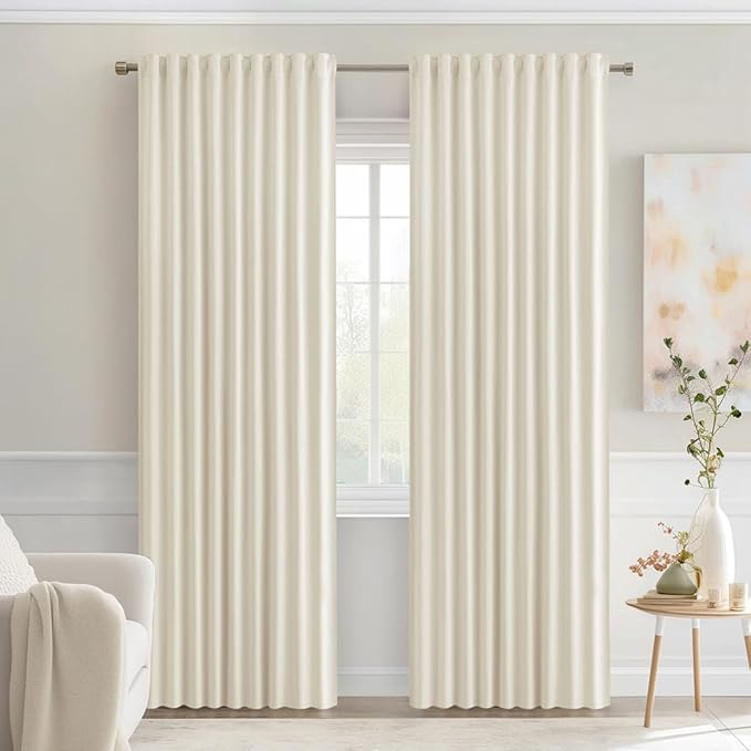 MIULEE Beige White Back Tab Blackout Curtains 90 Inches Long 2 Panels Set