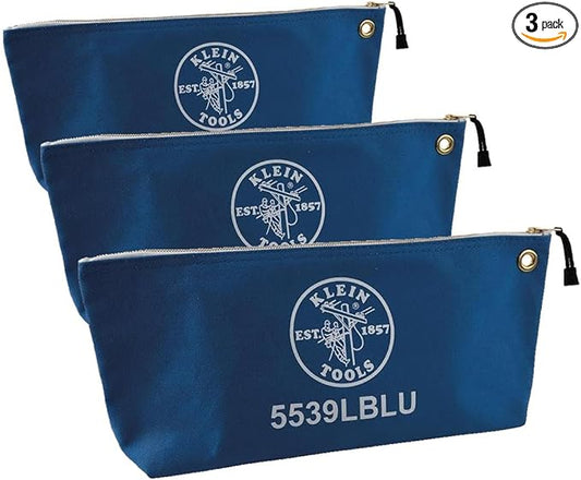 Klein Tools 5539LBLU Zipper Bag, Large 16-Inch Canvas Tool Pouch for Tool Storage with Brass Zipper, and Grommet for Hanging, Blue (Pack of 3)