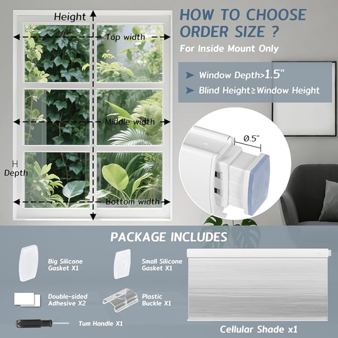 SEEYE No Drill Cordless Cellular Shades, Thermal Insulated Noise Reduction