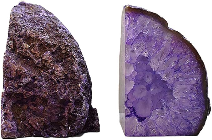 JIC Gem Book Ends for Shelves Dyed Purple Agate Bookends Natural Geode Brazilian Rock Stone Book Ends Decorative with Rubber Bumpers Small Size(1 Pair, 2-3 LBS)