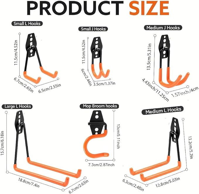 16 Pack Garage Hooks Heavy Duty, Industrial Wall Mount Garage Storage Hooks for Hanging Bike, Ladder and Garden Tools, Organization System with Mop Broom Holders, 100 LBS Capacity, Orange