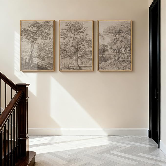 Extra Large Wall Art Framed Vintage Tree Sketch Antique Botanical Forest Prints Rustic Farmhouse Nature Decor for Living Room Bedroom Office 24"x36" Set of 3